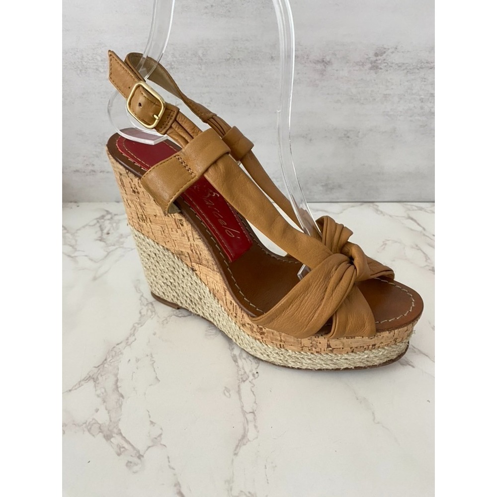 Paloma Barceló Sandals Espadrilles Sz 38/7.5 Tan Leather Wedge Platform Dressy